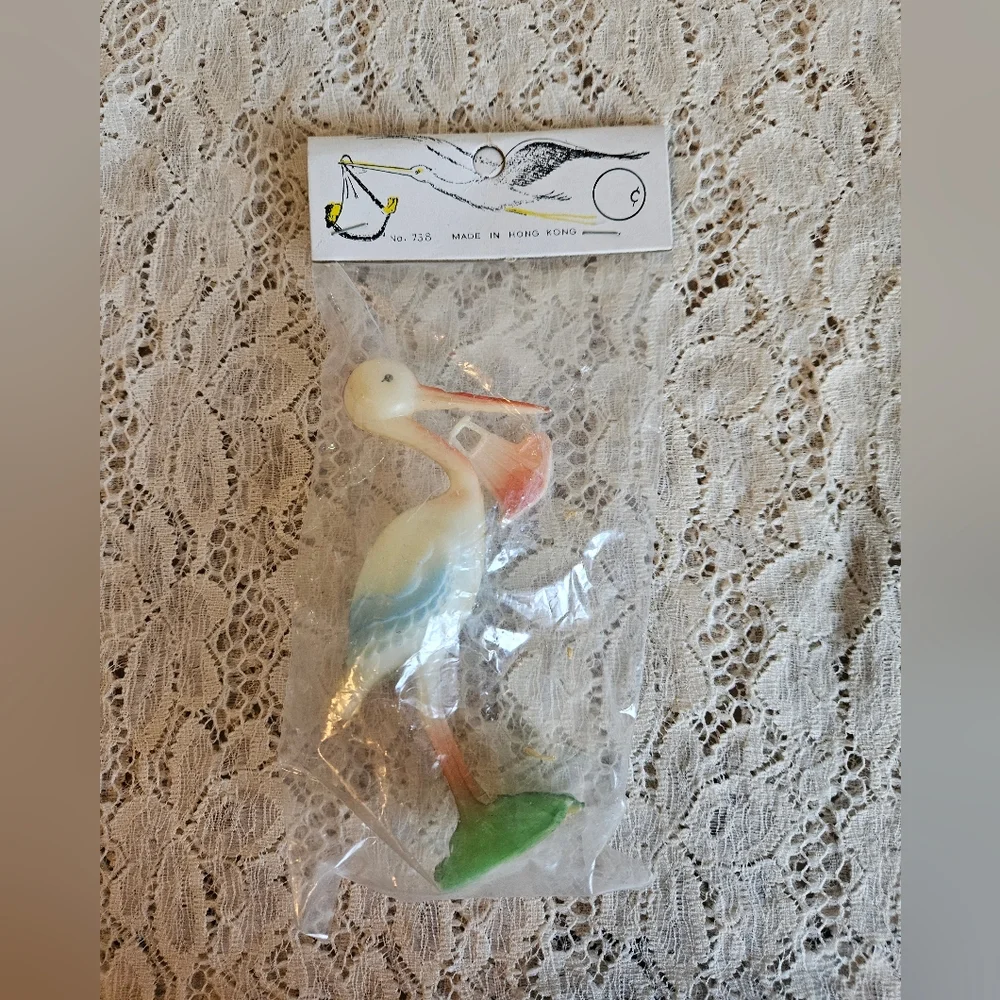 Vintage Hard Plastic Stork Cake Topper Craft Supply or Decoration Hong Kong Made